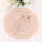 10 Pack of 11 Inch Hard Plastic Disposable Heavy Duty Dinner Plates in Blush & Rose Gold with Baroque Design and Gold Rim