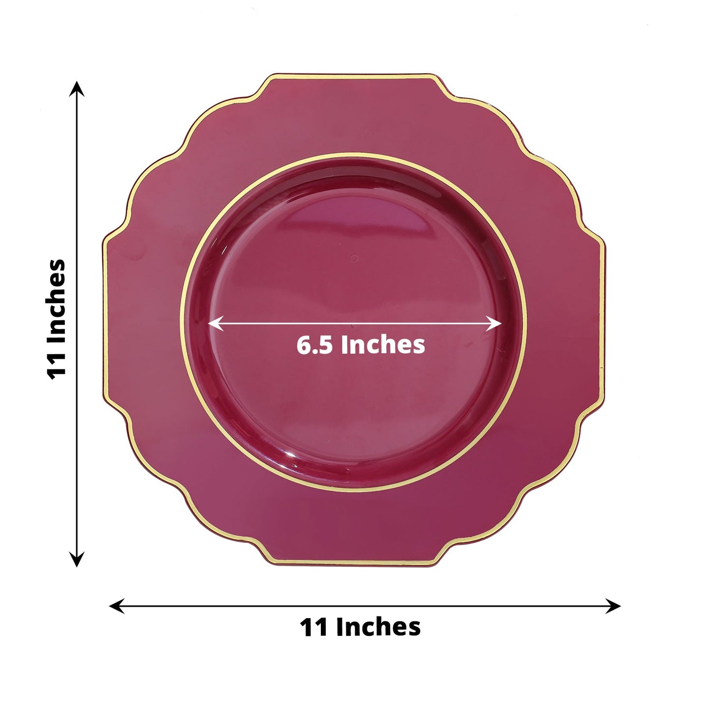 Burgundy hard plastic baroque dinner plate with gold rim, 11 inches.