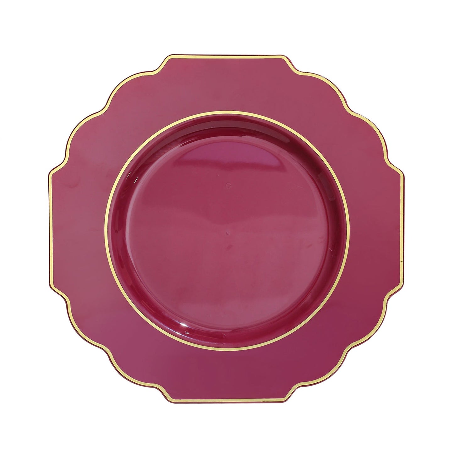 Burgundy hard plastic Baroque dinner plate with a gold rim.