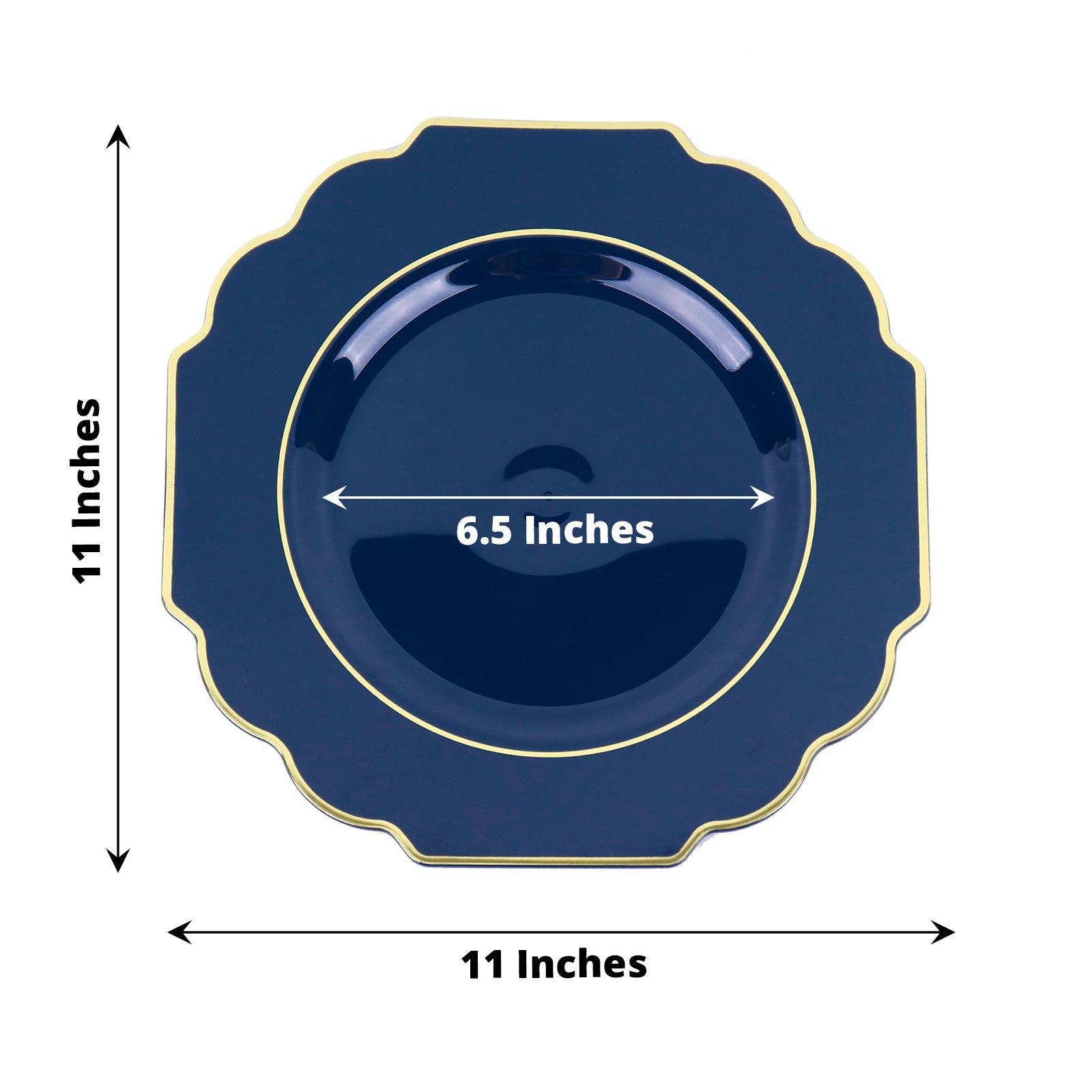 10 Pack Hard Plastic Navy Blue Baroque Dessert Plates with Gold Rim Design 11 Inch