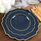 10 Pack of Gold Rimmed 11 Inch Navy Blue Hard Plastic Dessert Plates in Baroque Style
