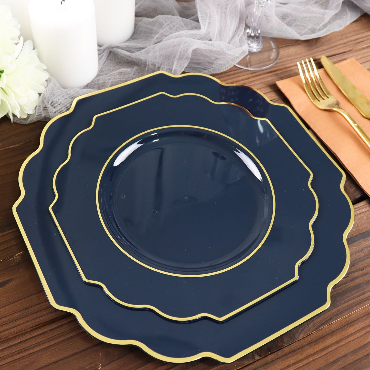 10 Pack of Gold Rimmed 11 Inch Navy Blue Hard Plastic Dessert Plates in Baroque Style