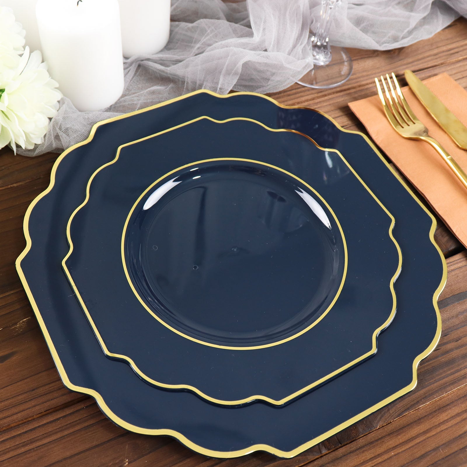 10 Pack of Gold Rimmed 11 Inch Navy Blue Hard Plastic Dessert Plates in Baroque Style