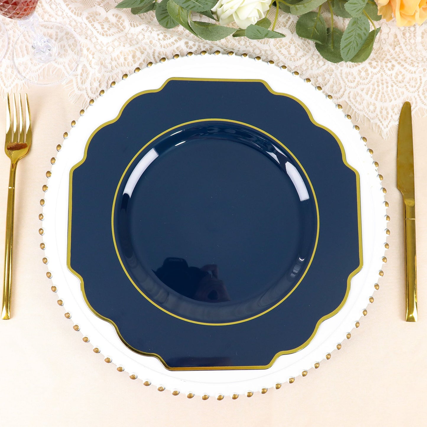 10 Pack | 11" Navy Blue Hard Plastic Dinner Plates, Disposable Tableware, Baroque Heavy Duty Plates with Gold Rim