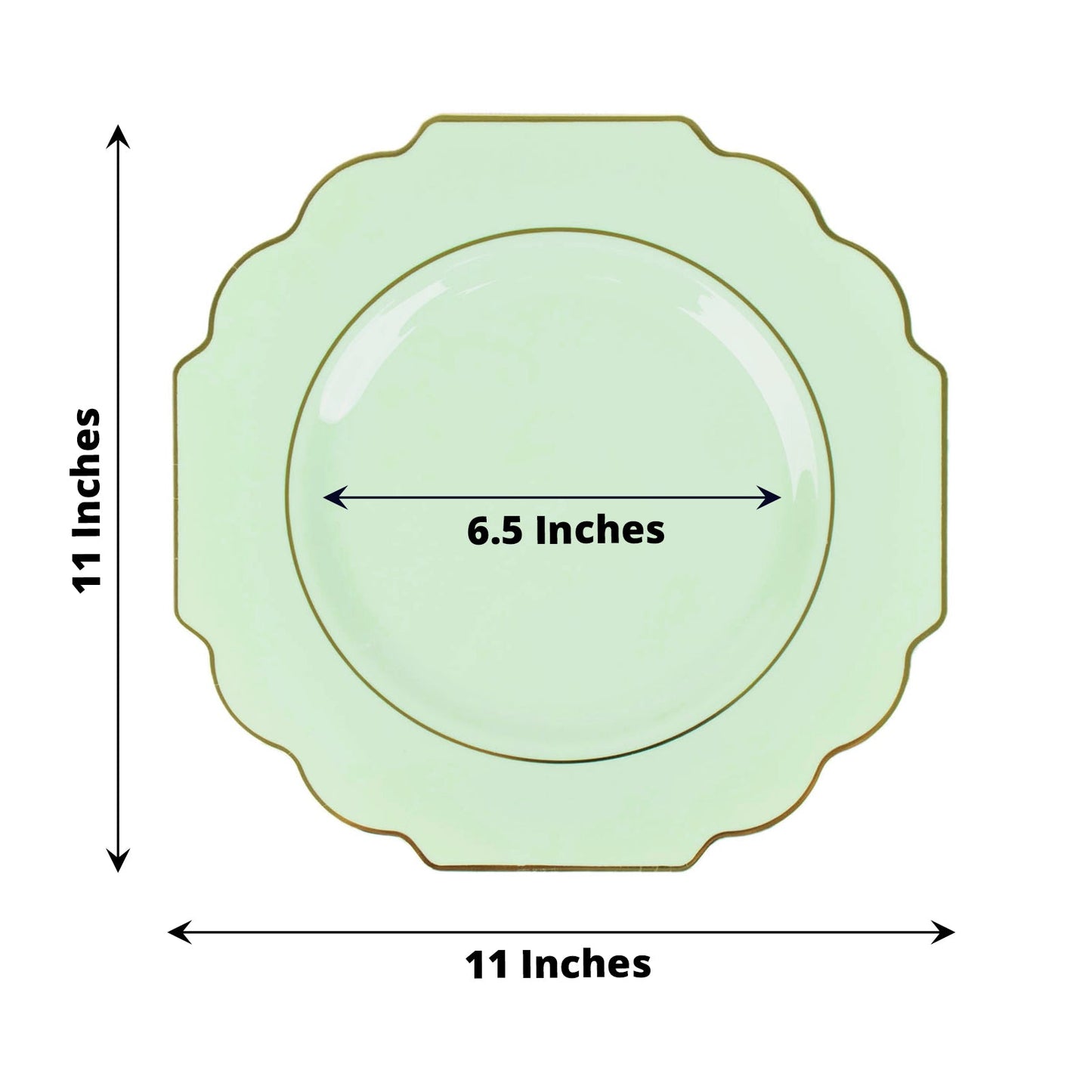 10 Pack | 11inch Sage Green Hard Plastic Baroque Dinner Plates with Gold Rim