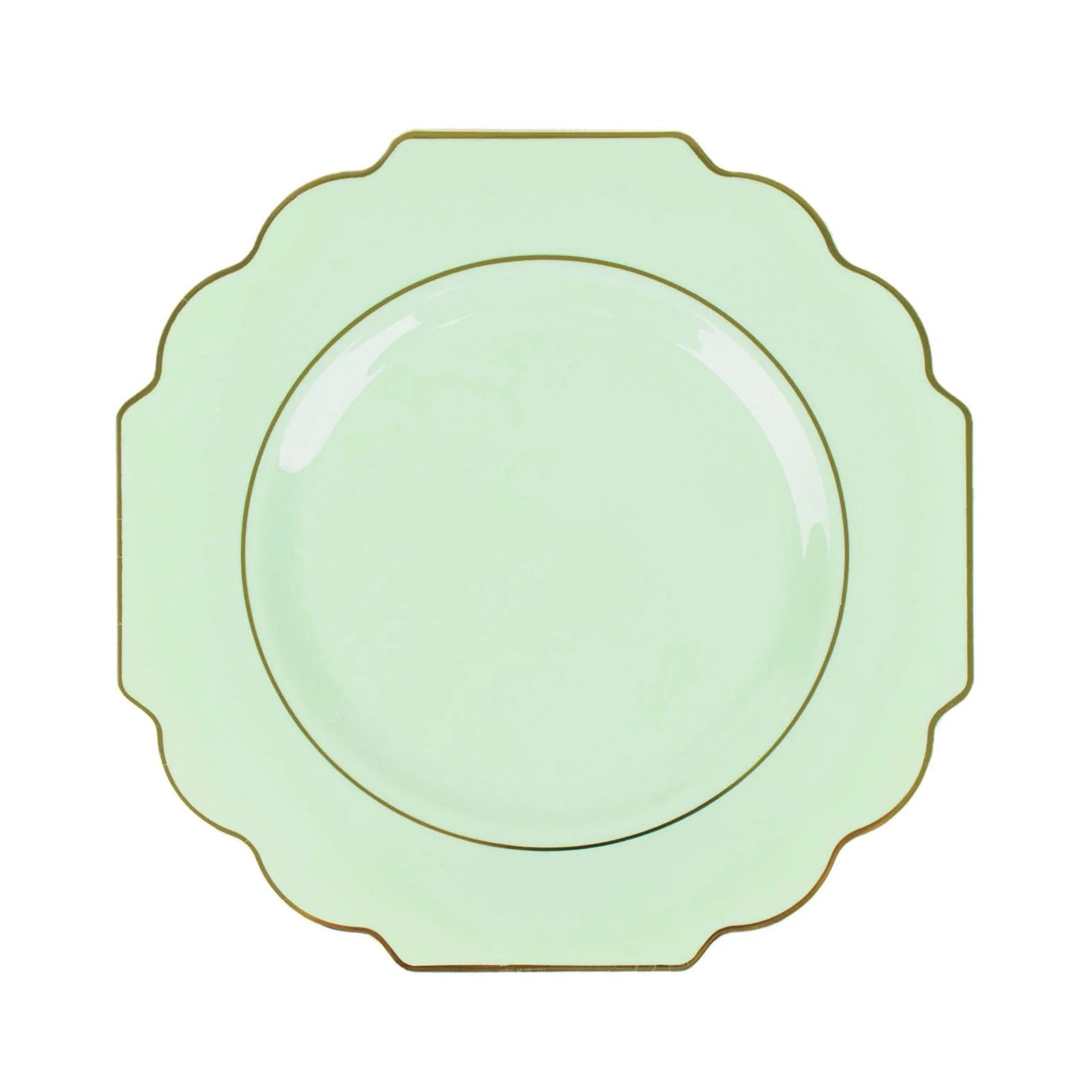 10 Pack | 11inch Sage Green Hard Plastic Baroque Dinner Plates with Gold Rim#whtbkgd