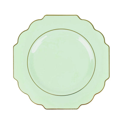 10 Pack | 11inch Sage Green Hard Plastic Baroque Dinner Plates with Gold Rim#whtbkgd