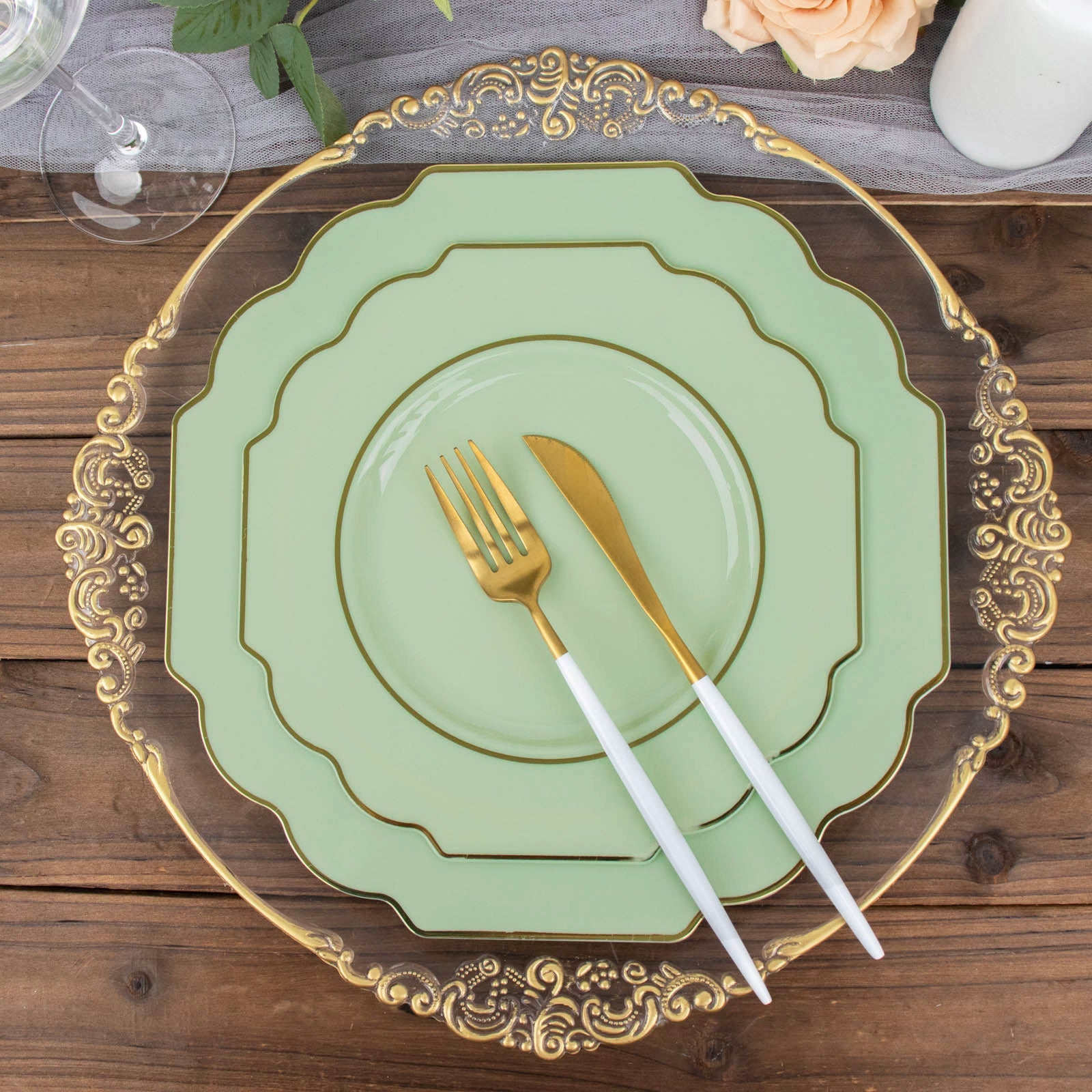 10 Pack | 11inch Sage Green Hard Plastic Baroque Dinner Plates with Gold Rim
