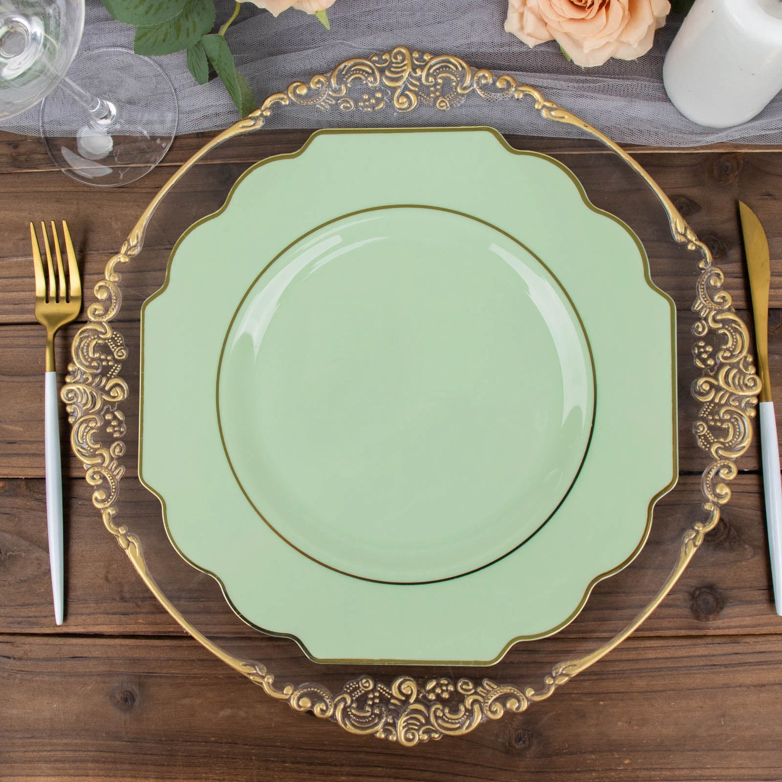 10 Pack | 11inch Sage Green Hard Plastic Baroque Dinner Plates with Gold Rim