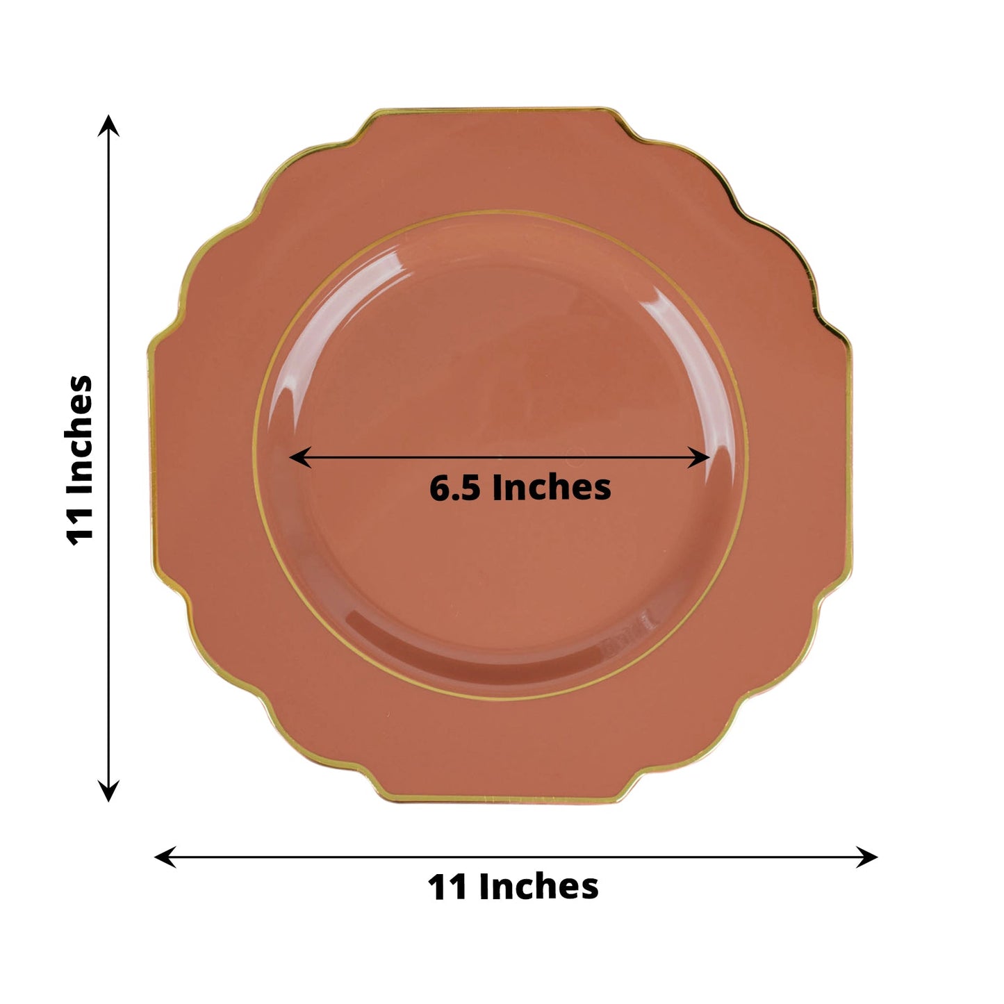 10 Pack | 11inch Terracotta Hard Plastic Baroque Dinner Plates with Gold Rim