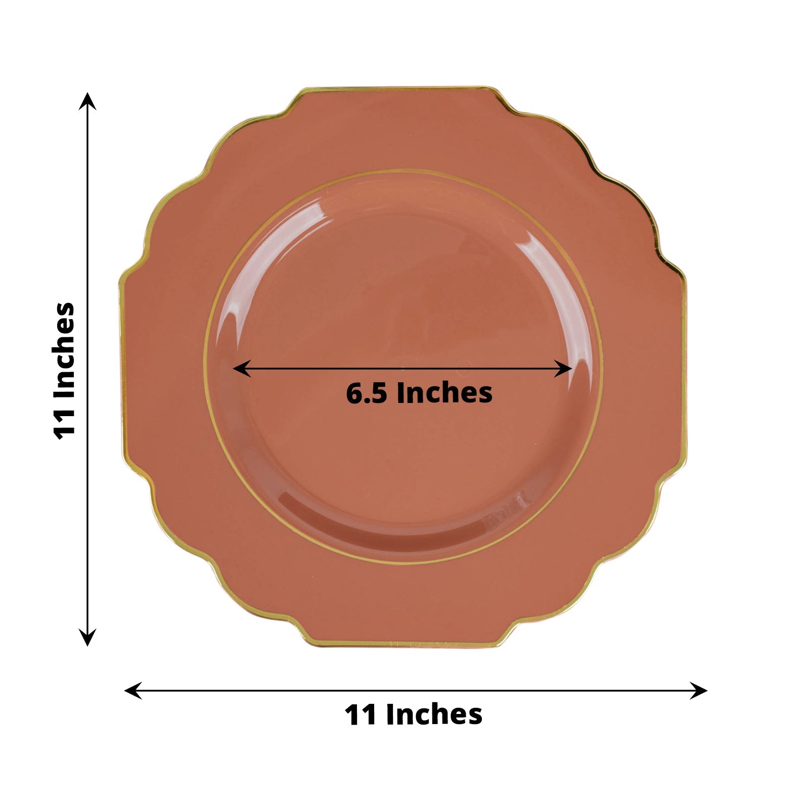 10 Pack | 11inch Terracotta Hard Plastic Baroque Dinner Plates with Gold Rim