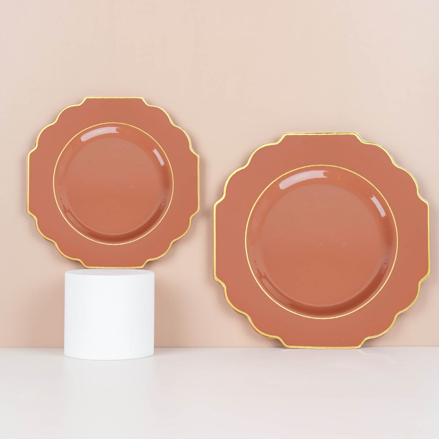 10 Pack | 11inch Terracotta Hard Plastic Baroque Dinner Plates with Gold Rim