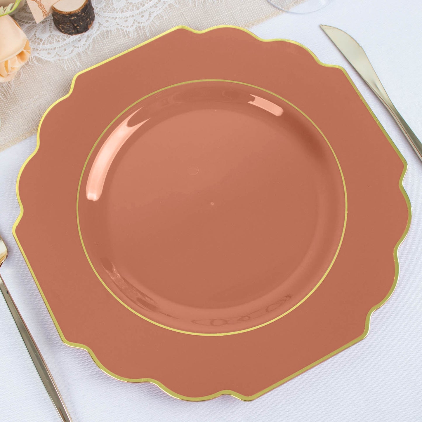 10 Pack 11" Terracotta (Rust) Heavy Duty Disposable Baroque Dinner Plates with Gold Rim, Hard Plastic Dinnerware