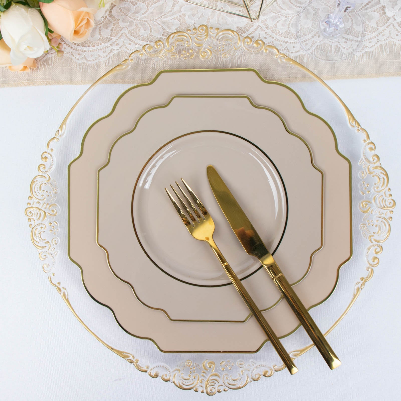 10 Pack | 11inch Taupe Hard Plastic Baroque Dinner Plates with Gold Rim