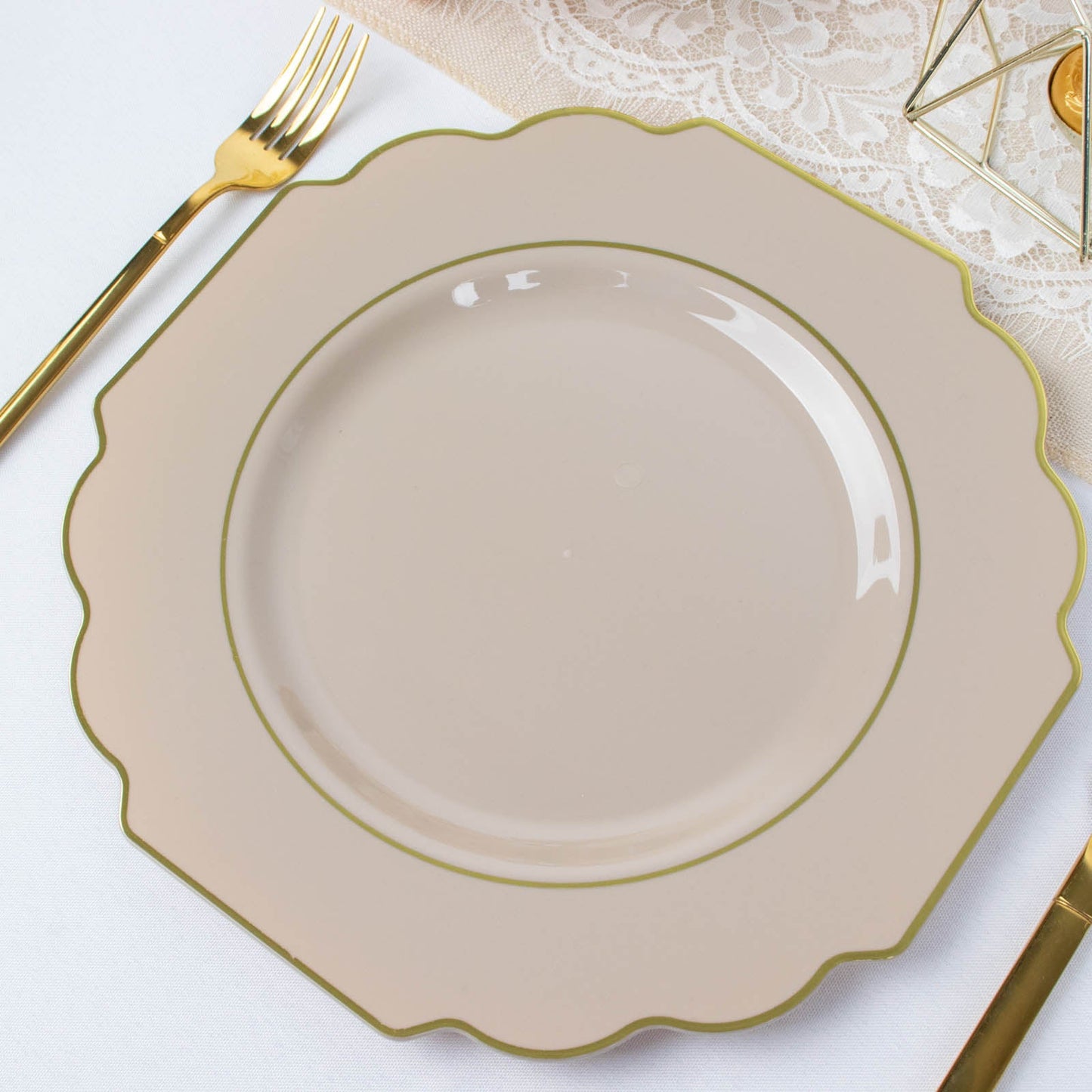10 Pack | 11" Taupe Hard Plastic Baroque Dinner Plates with Gold Rim, Heavy Duty Disposable Dinnerware