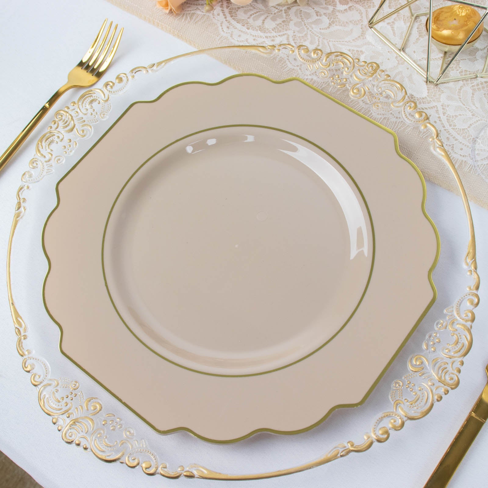 10 Pack | 11inch Taupe Hard Plastic Baroque Dinner Plates with Gold Rim