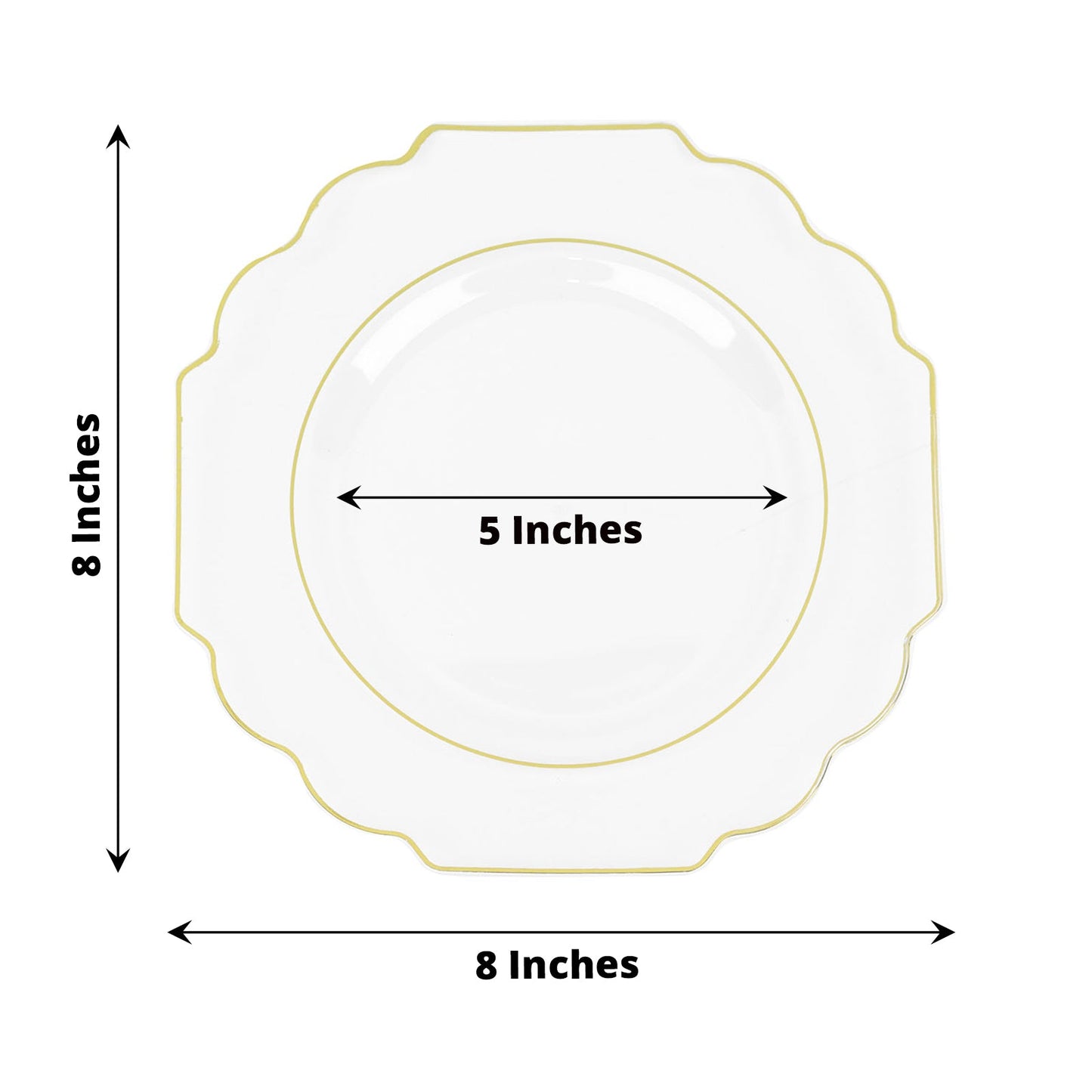 Clear plastic dessert plate with gold rim, 8 inches, disposable tableware.