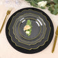 Clear hard plastic dessert plates with gold rim on a black background.