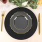 Clear hard plastic dessert plate with gold rim on a black charger.