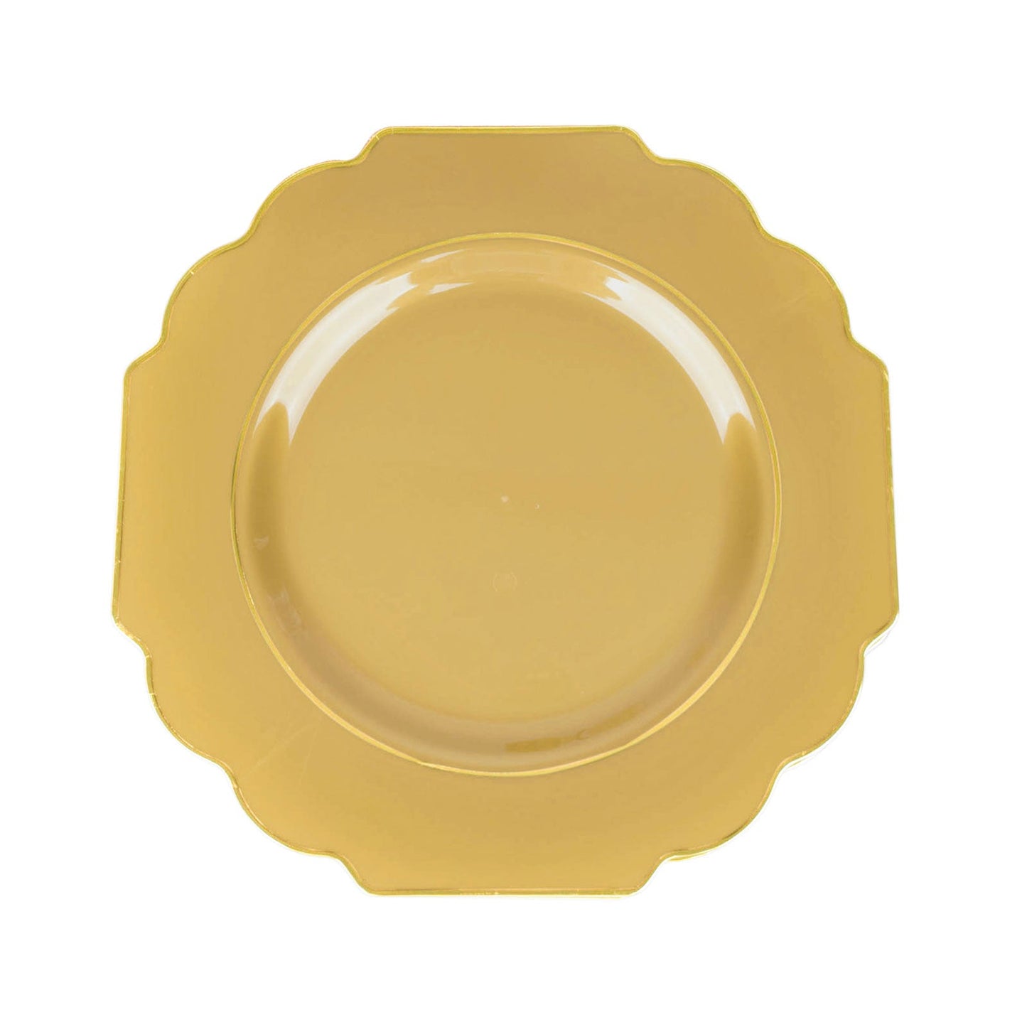 Gold hard plastic Baroque dessert plate with rim, heavy duty disposable.