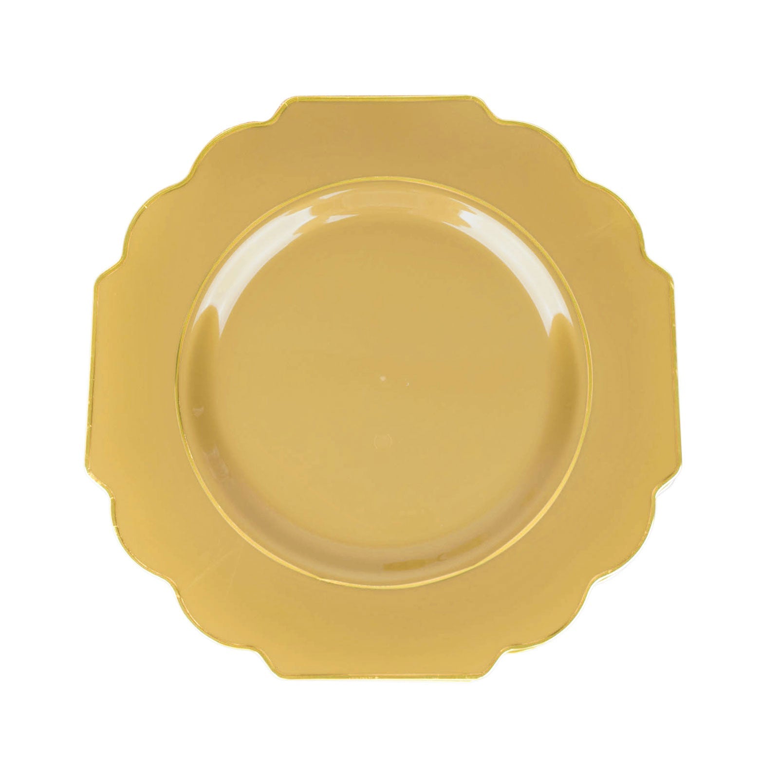 Gold hard plastic Baroque dessert plate with rim, heavy duty disposable.