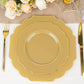 Gold disposable Baroque dessert plates with gold rim on a table setting.
