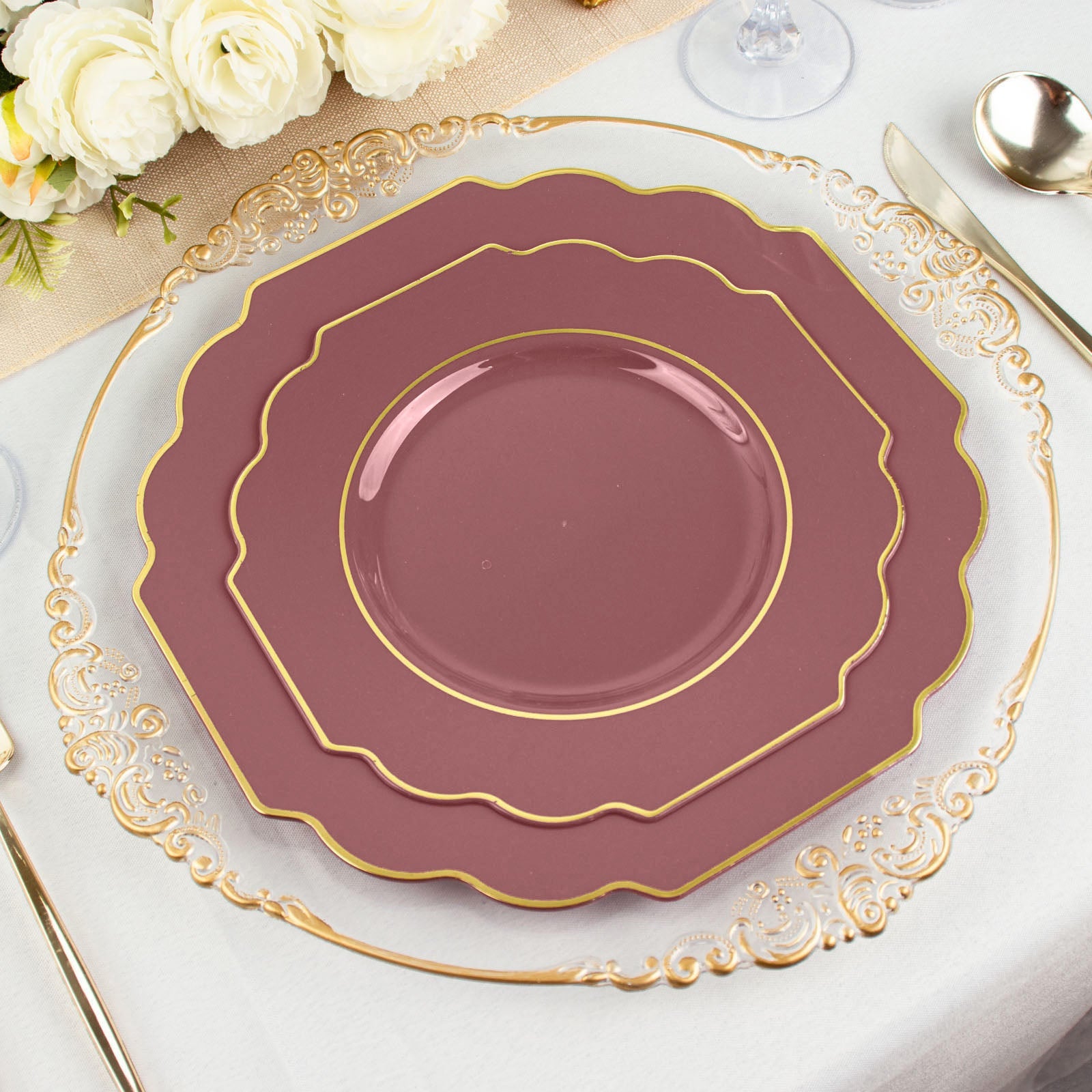 Cinnamon Rose Hard Plastic Dessert Plates With Gold Rim
