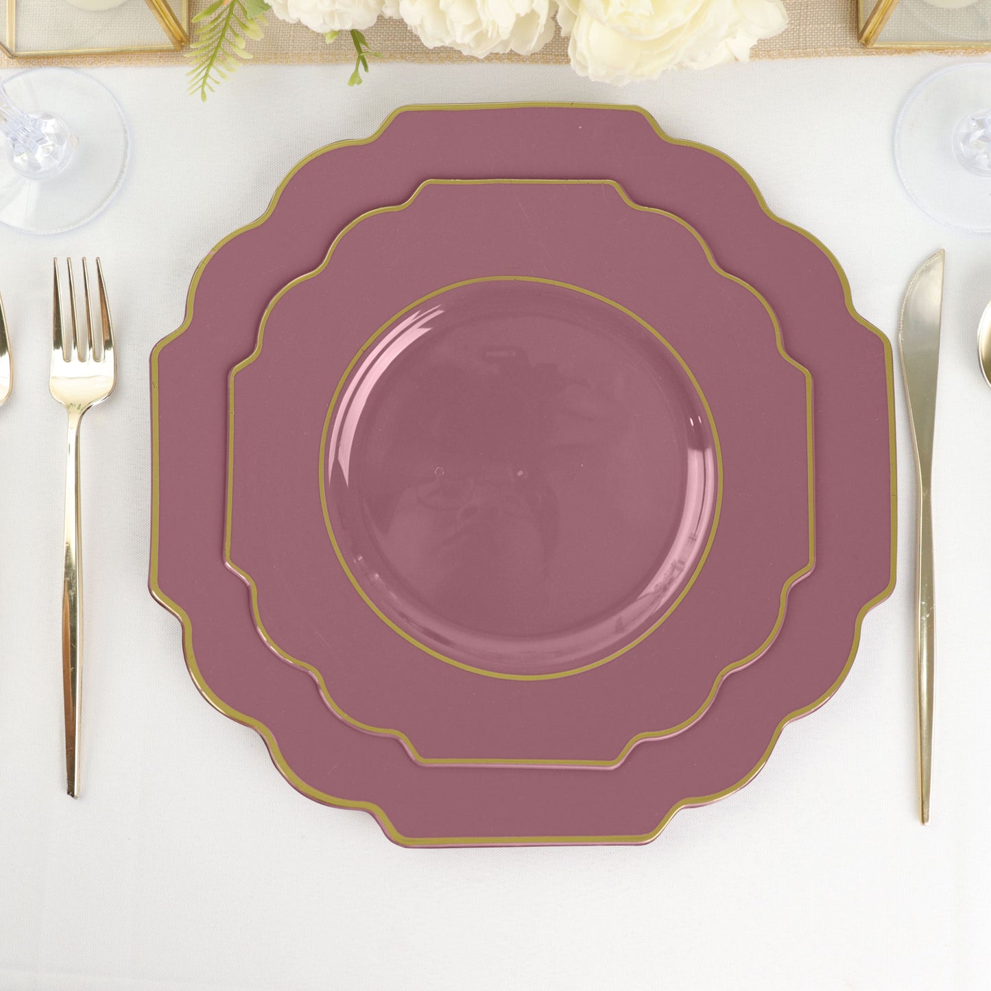 10 Pack | 8" Cinnamon Rose Hard Plastic Baroque Dessert Plates with Gold Rim, Heavy Duty Disposable Salad Appetizer Plates