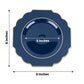 Navy blue disposable appetizer plate with gold rim, 8 inches.