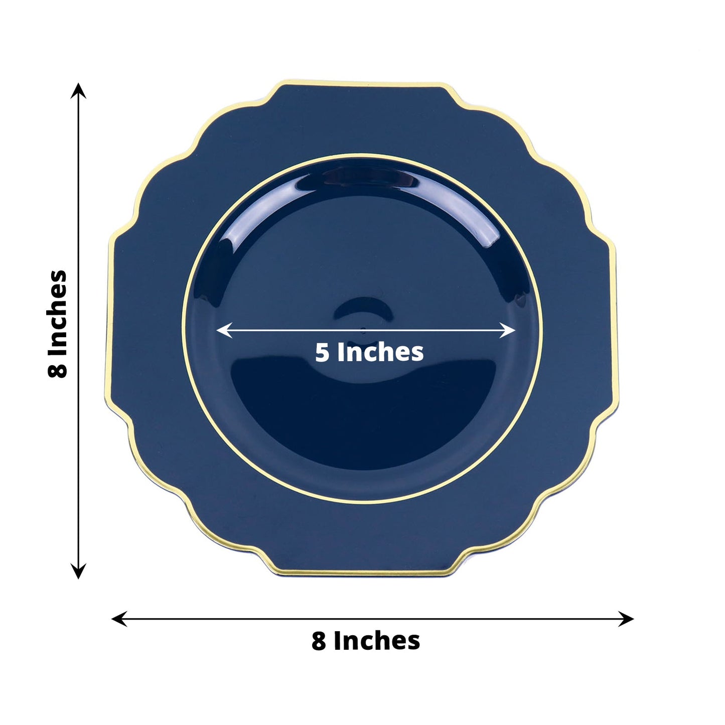 Navy blue disposable appetizer plate with gold rim, 8 inches.