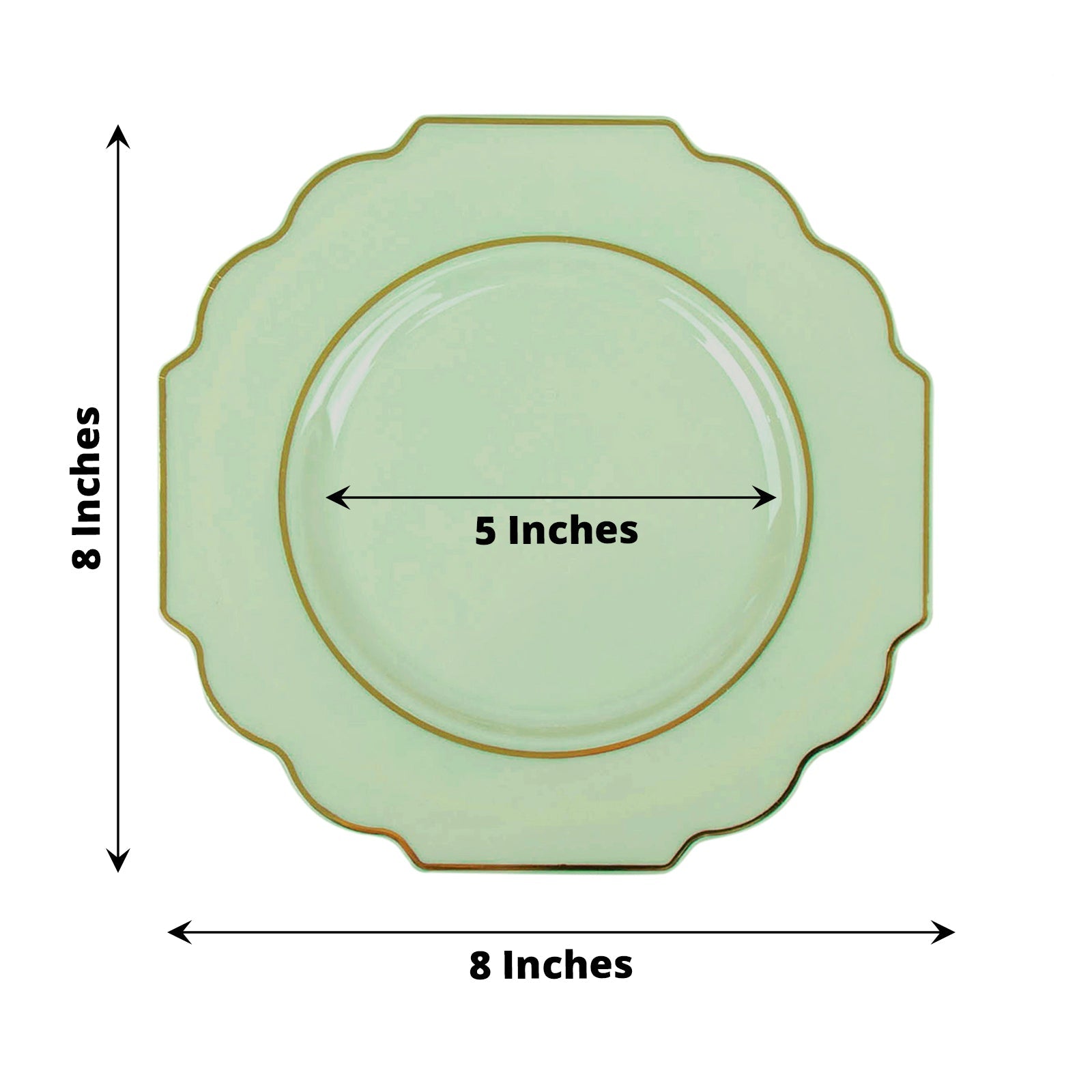 8" sage green dessert plate with gold rim, heavy duty disposable tableware.