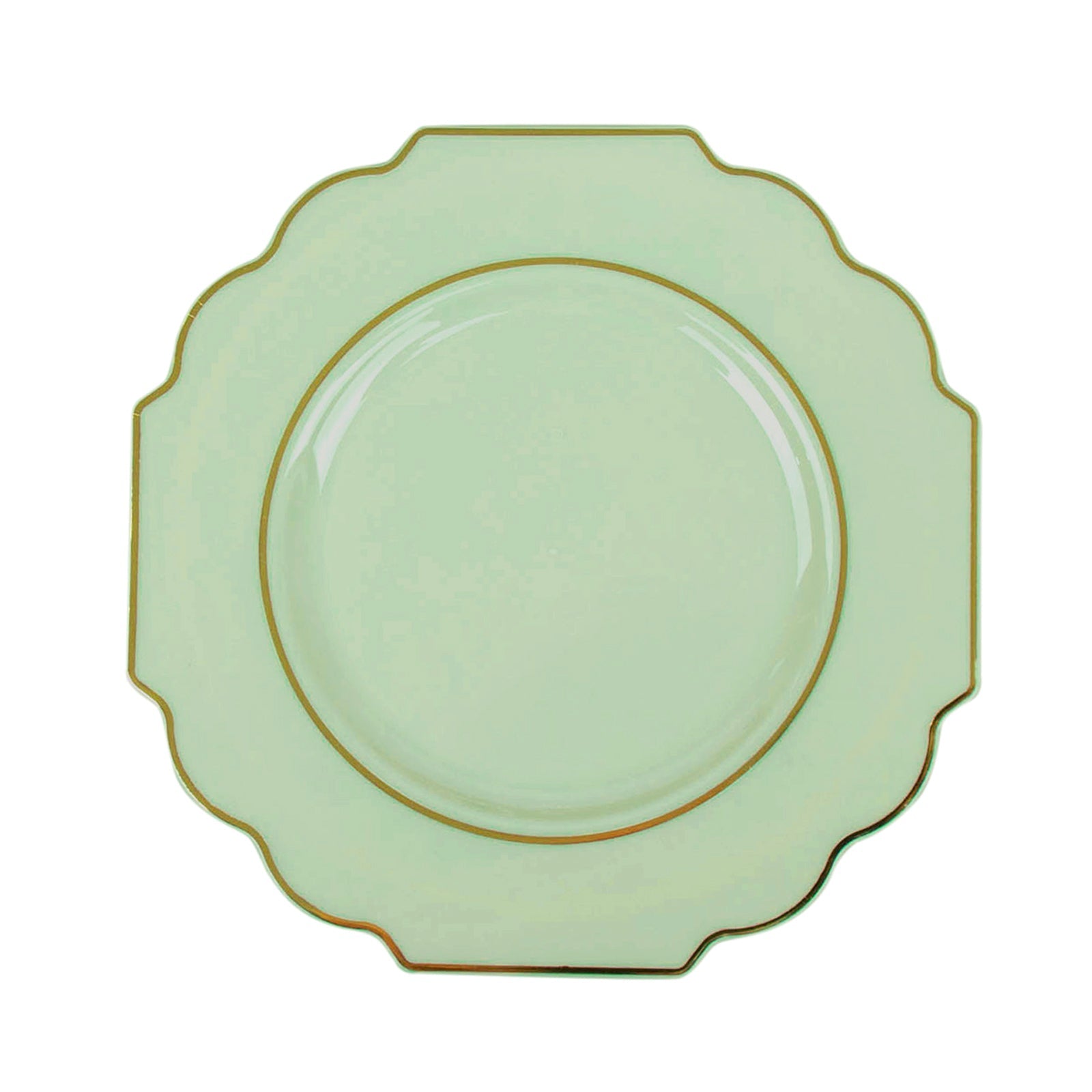 8" sage green dessert plates with gold rim, perfect for appetizers or salads.