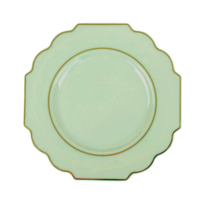 8" sage green dessert plates with gold rim, perfect for appetizers or salads.