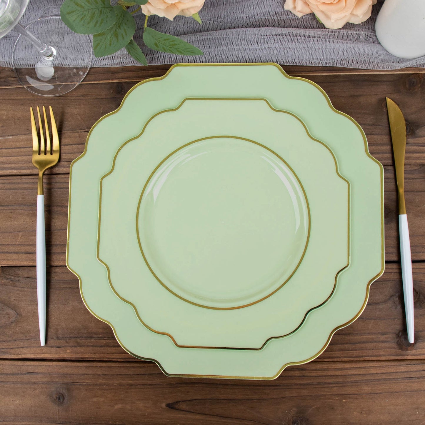 Sage green disposable dessert appetizer plates with gold rim.