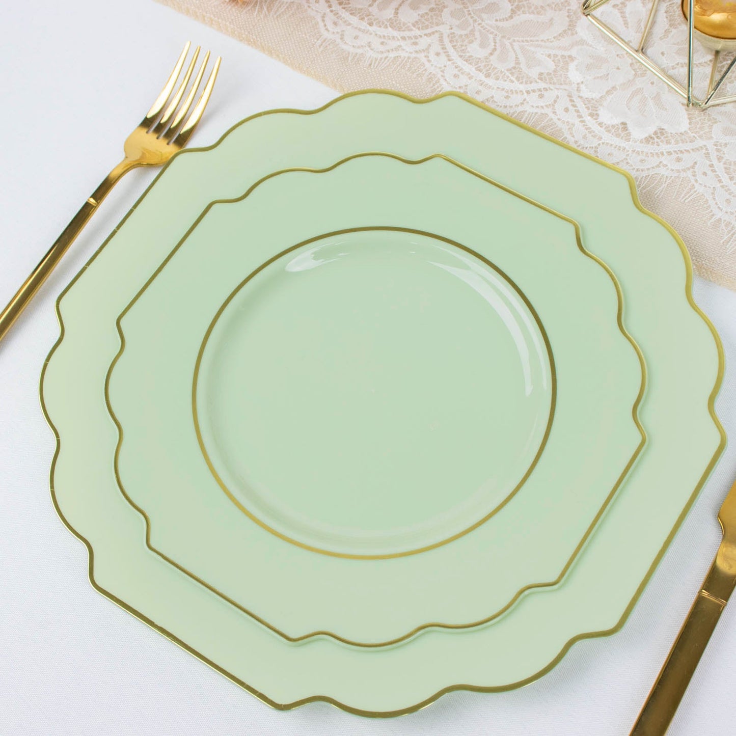 8" Sage Green Dessert Appetizer Plates with Gold Rim on a table setting.