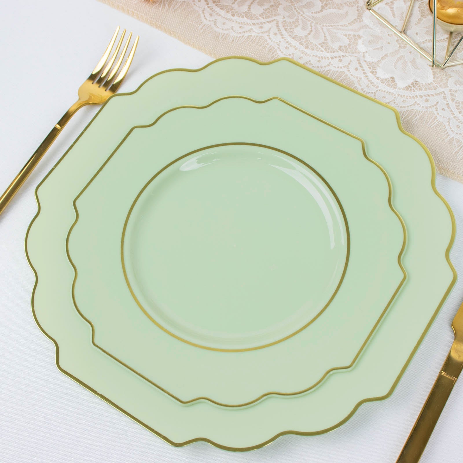 8" Sage Green Dessert Appetizer Plates with Gold Rim on a table setting.