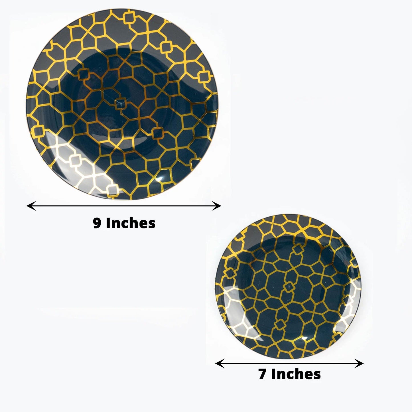 Navy blue geometric gold print disposable plates set, 9" and 7" sizes.