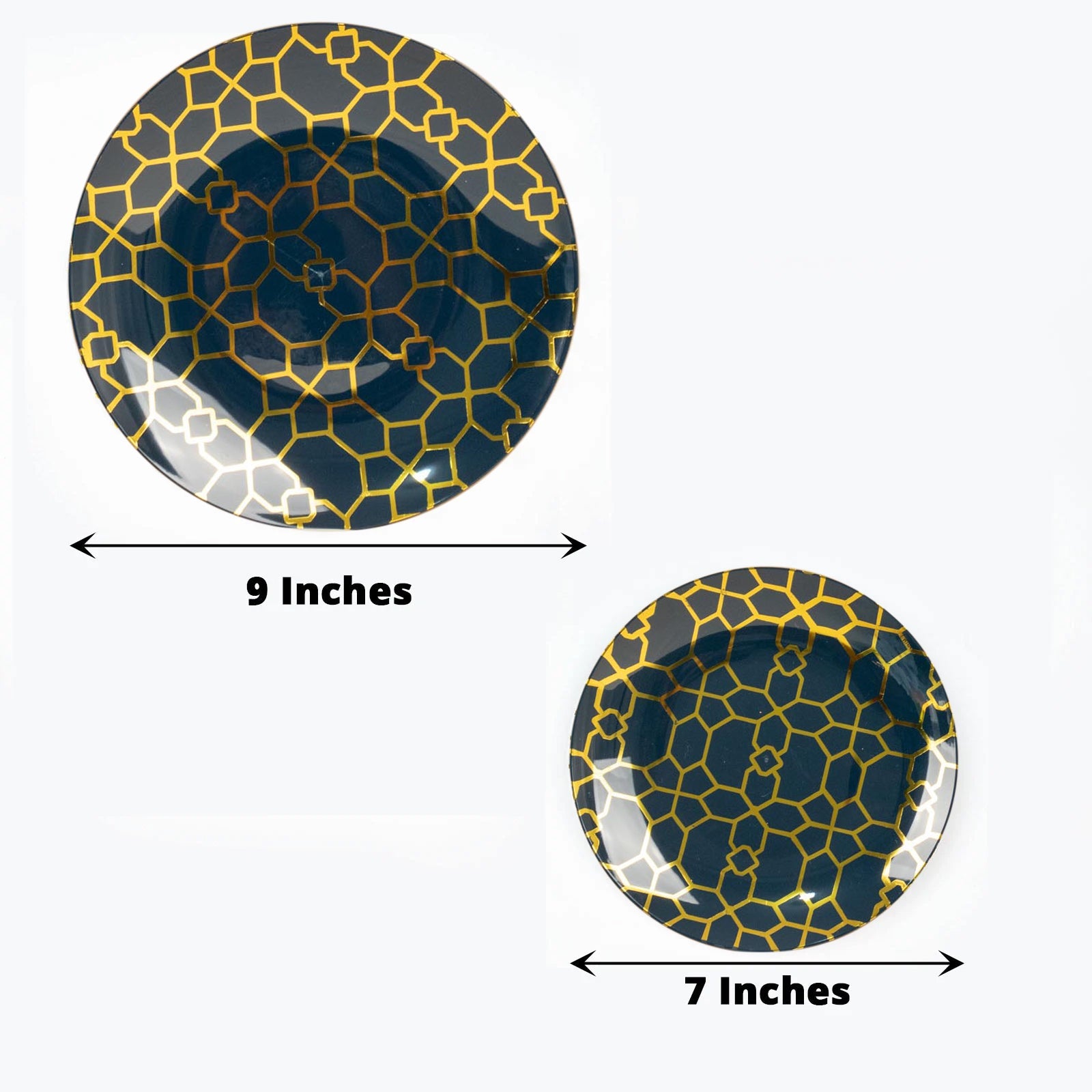 Navy blue geometric gold print disposable plates set, 9" and 7" sizes.