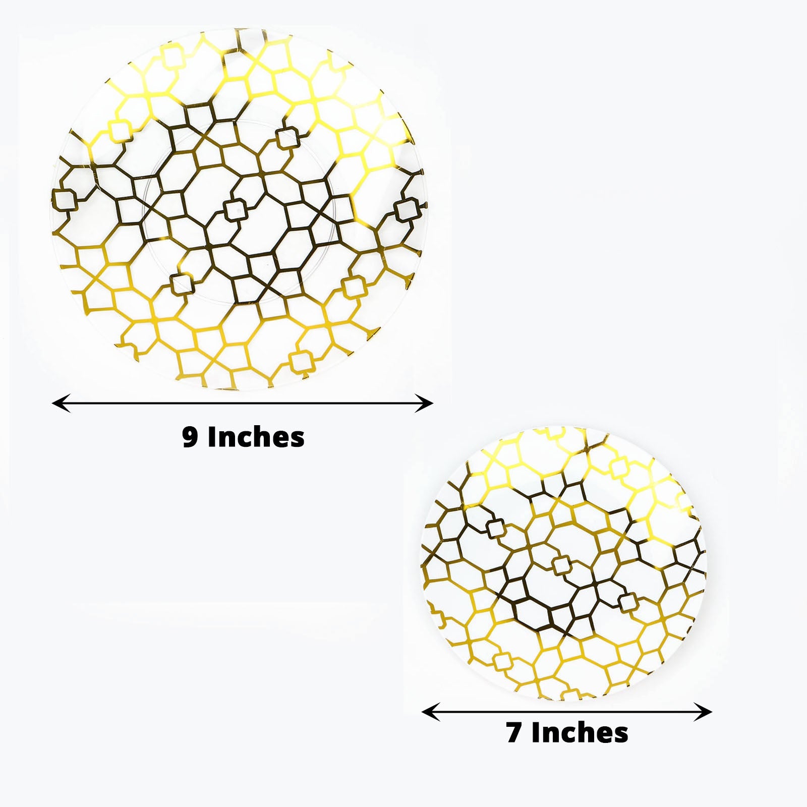 White and clear geometric gold print disposable plates set.