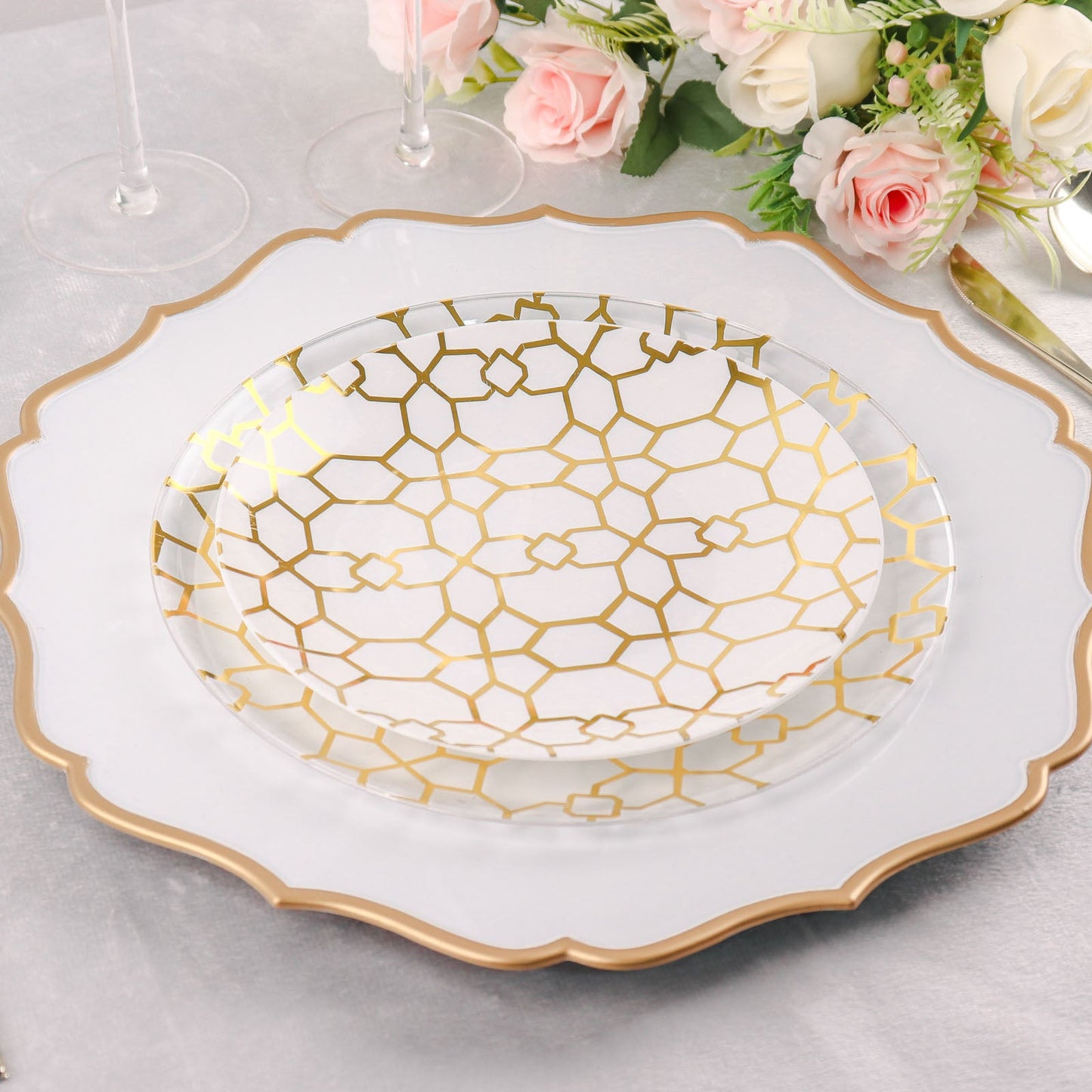 White and clear geometric gold print disposable plates set.