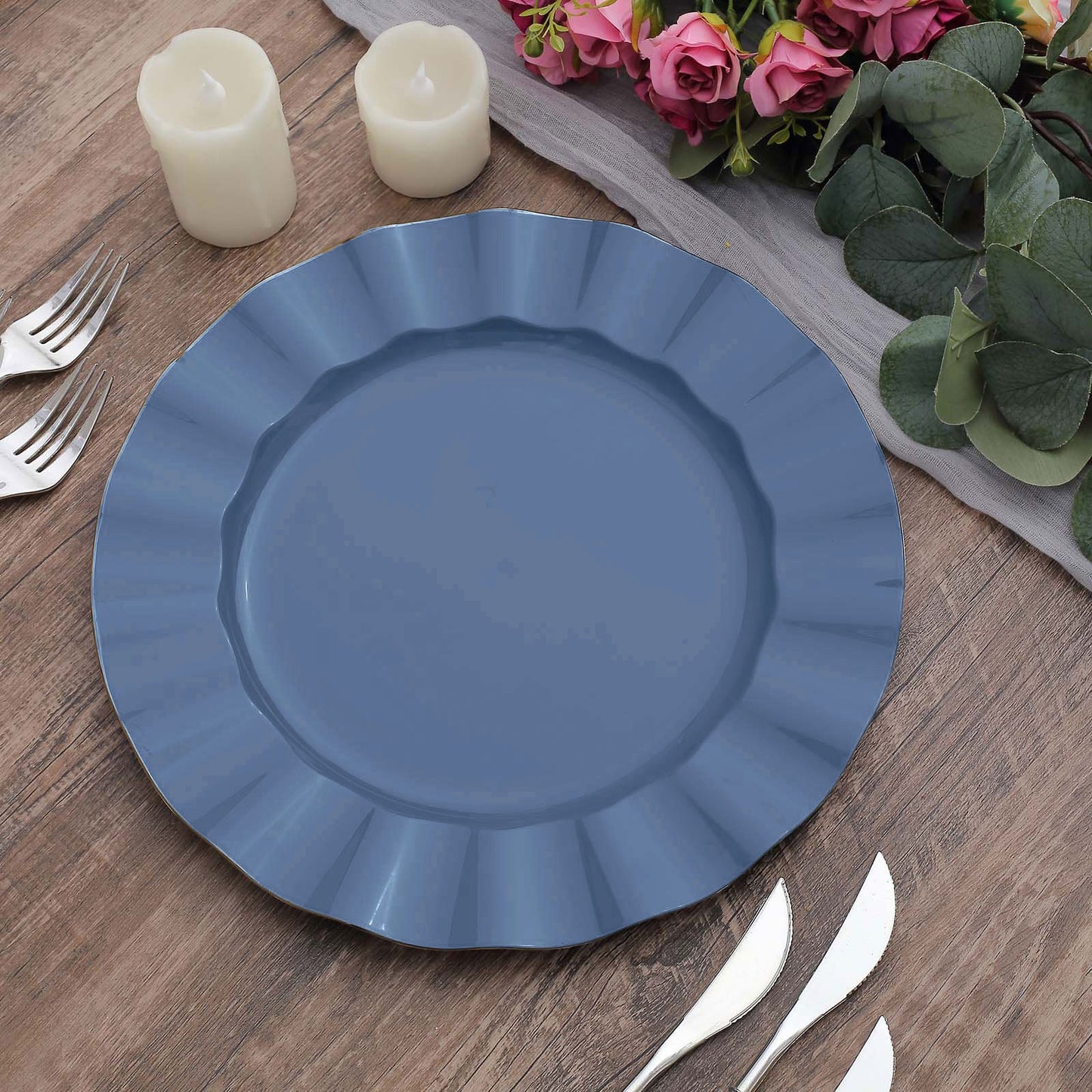 10 Pack | 11" Ocean Blue Disposable Dinner Plates With Gold Ruffled Rim, Round Plastic Party Plates