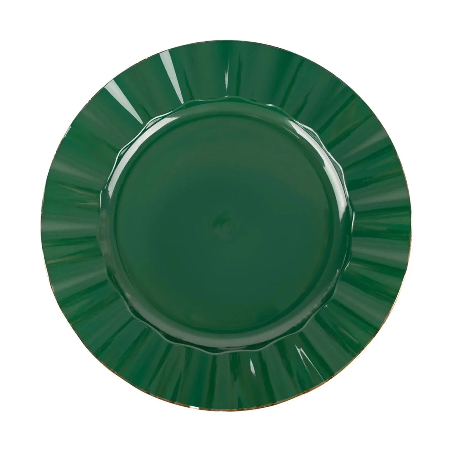 11 Inch Size Plastic Dinner Plates In Hunter Emerald Green With Gold Ruffled Rim#whtbkgd