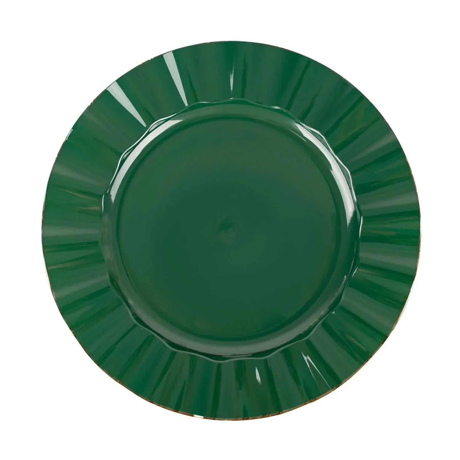 11 Inch Size Plastic Dinner Plates In Hunter Emerald Green With Gold Ruffled Rim#whtbkgd