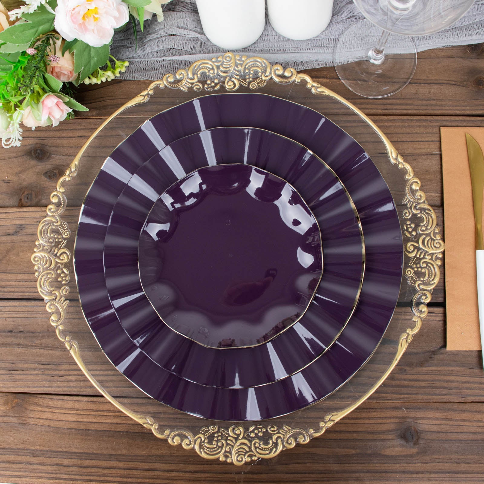 Dinner Plates In Purple Plastic With Gold Ruffle 11 Inch