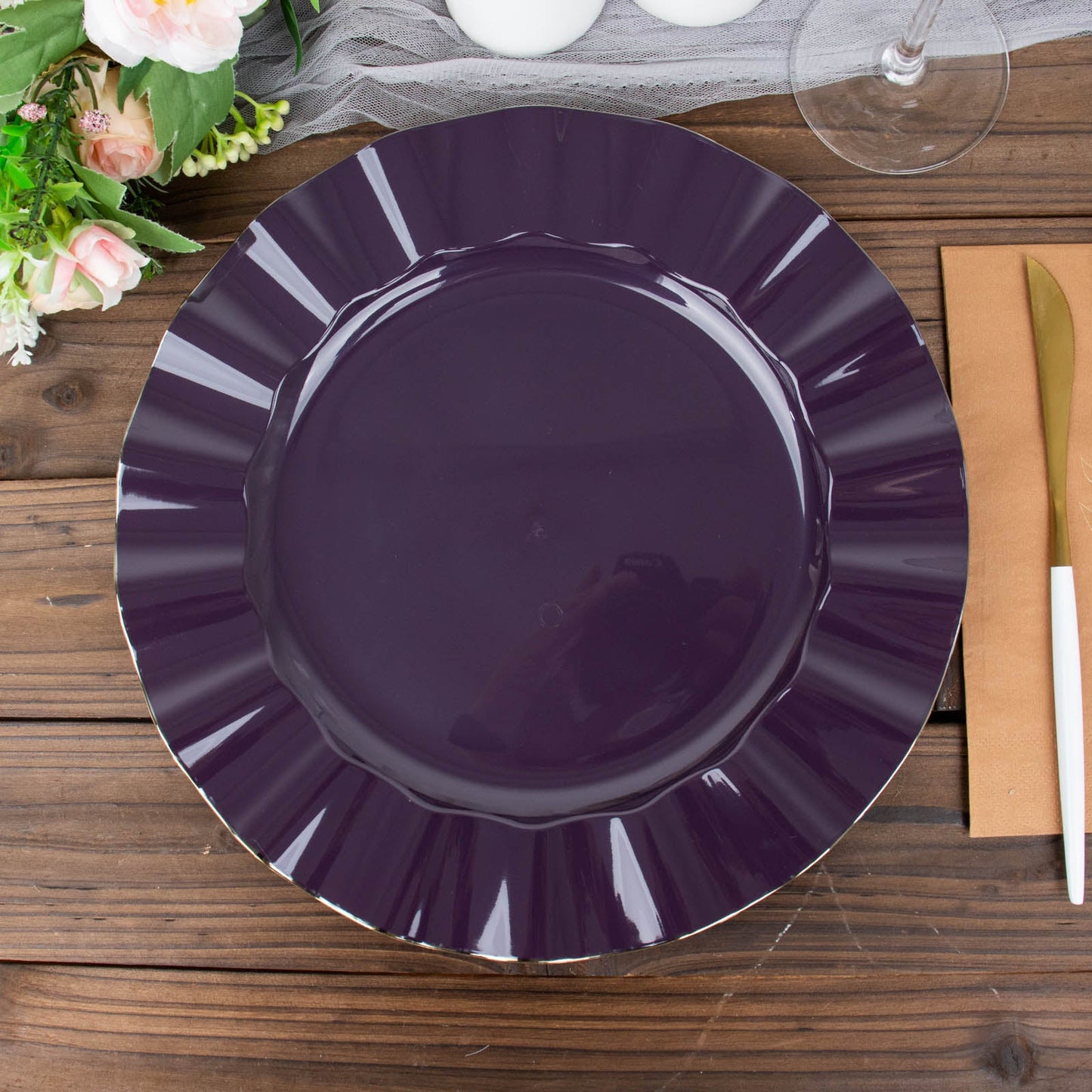 10 Pack | 11" Purple Disposable Dinner Plates With Gold Ruffled Rim, Round Plastic Party Plates