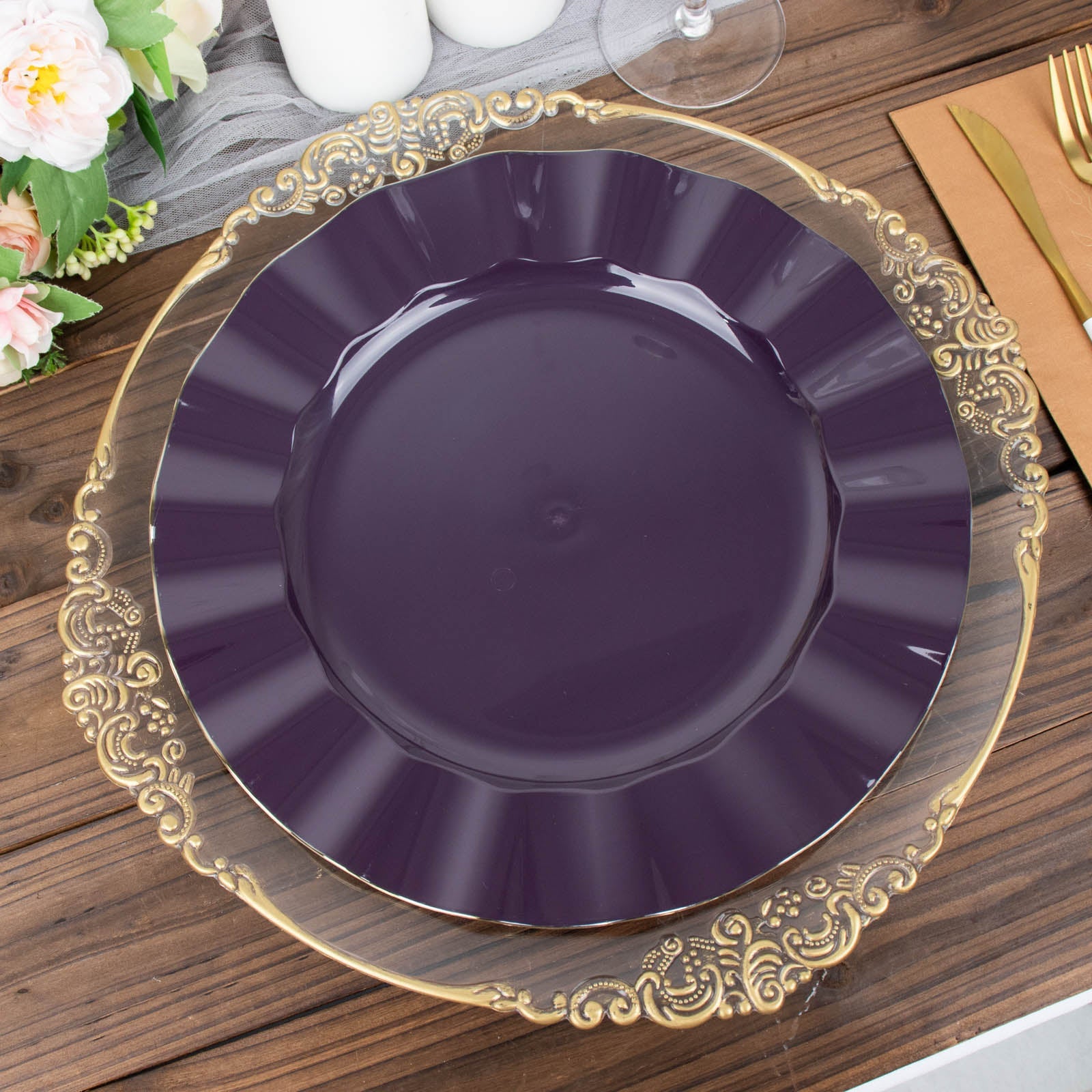 Purple Plastic Plates With Gold Edge For Dinners 11 Inch