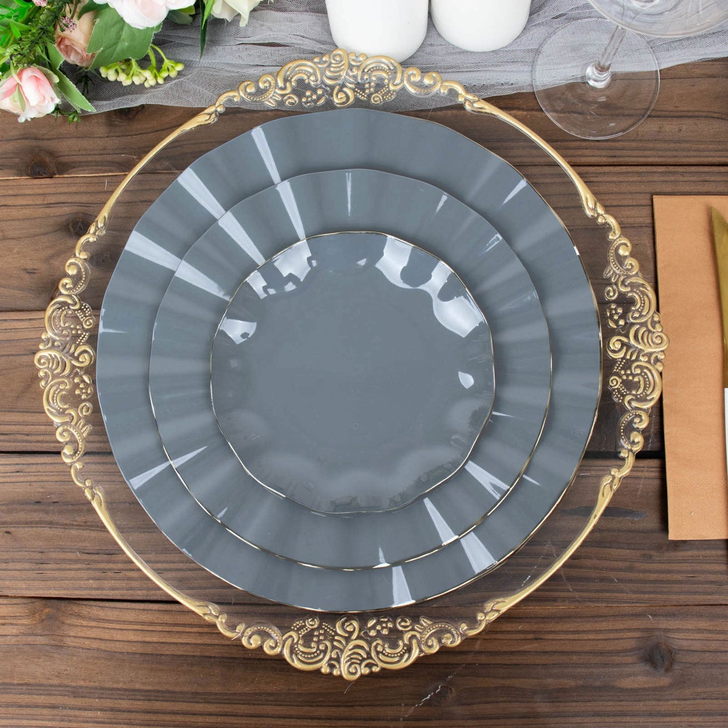 Gold Rimmed Dusty Blue Plastic Dinner Plates 11 Inch