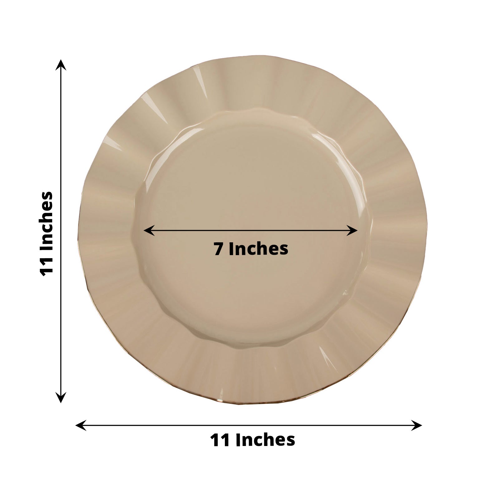 11 Inch Taupe Heavy Duty Plastic Plates With Gold Ruffled Rim