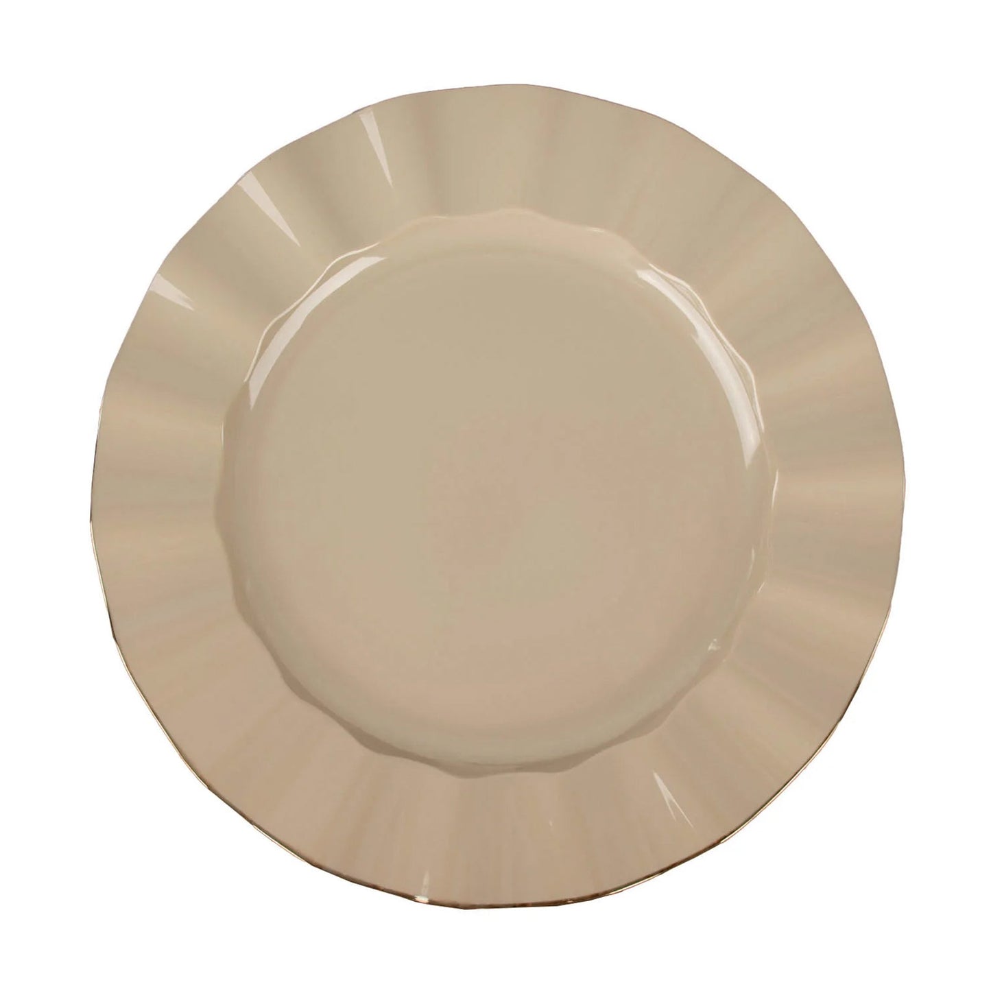 11inch Taupe Hard Plastic Dinner Plates Gold Ruffled Rim, Large Heavy Duty Dinnerware#whtbkgd