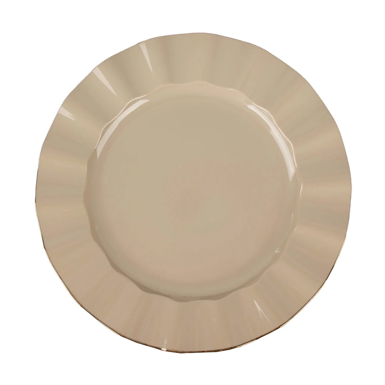 11inch Taupe Hard Plastic Dinner Plates Gold Ruffled Rim, Large Heavy Duty Dinnerware#whtbkgd